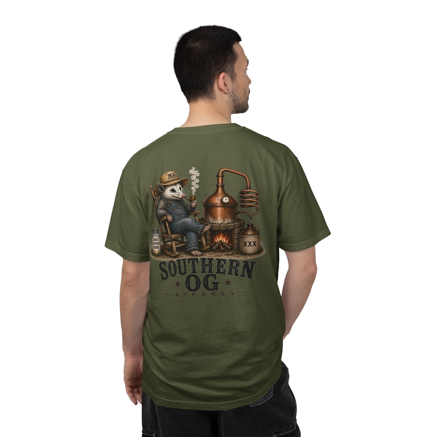 Southern OG Distillery T-Shirt — Moonshine Still Raccoon Graphic