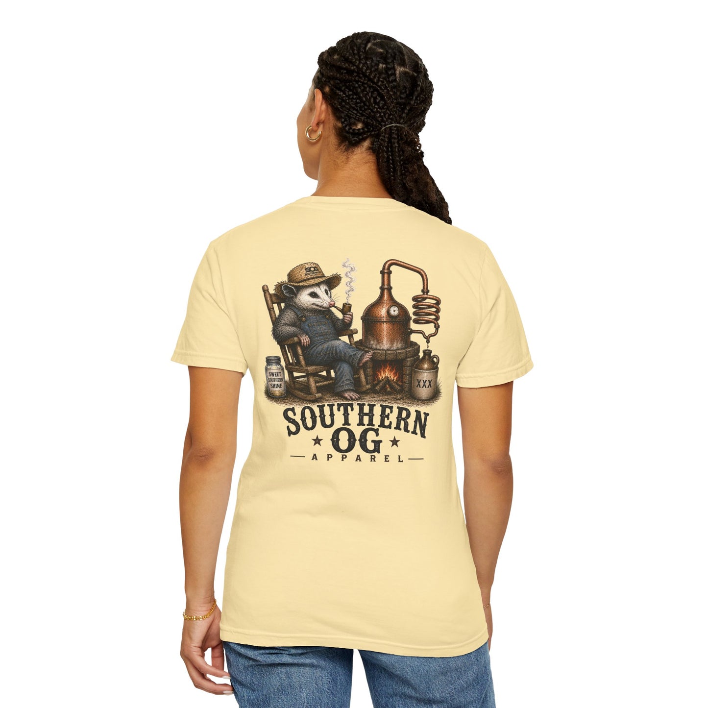 Southern OG Distillery T-Shirt — Moonshine Still Raccoon Graphic