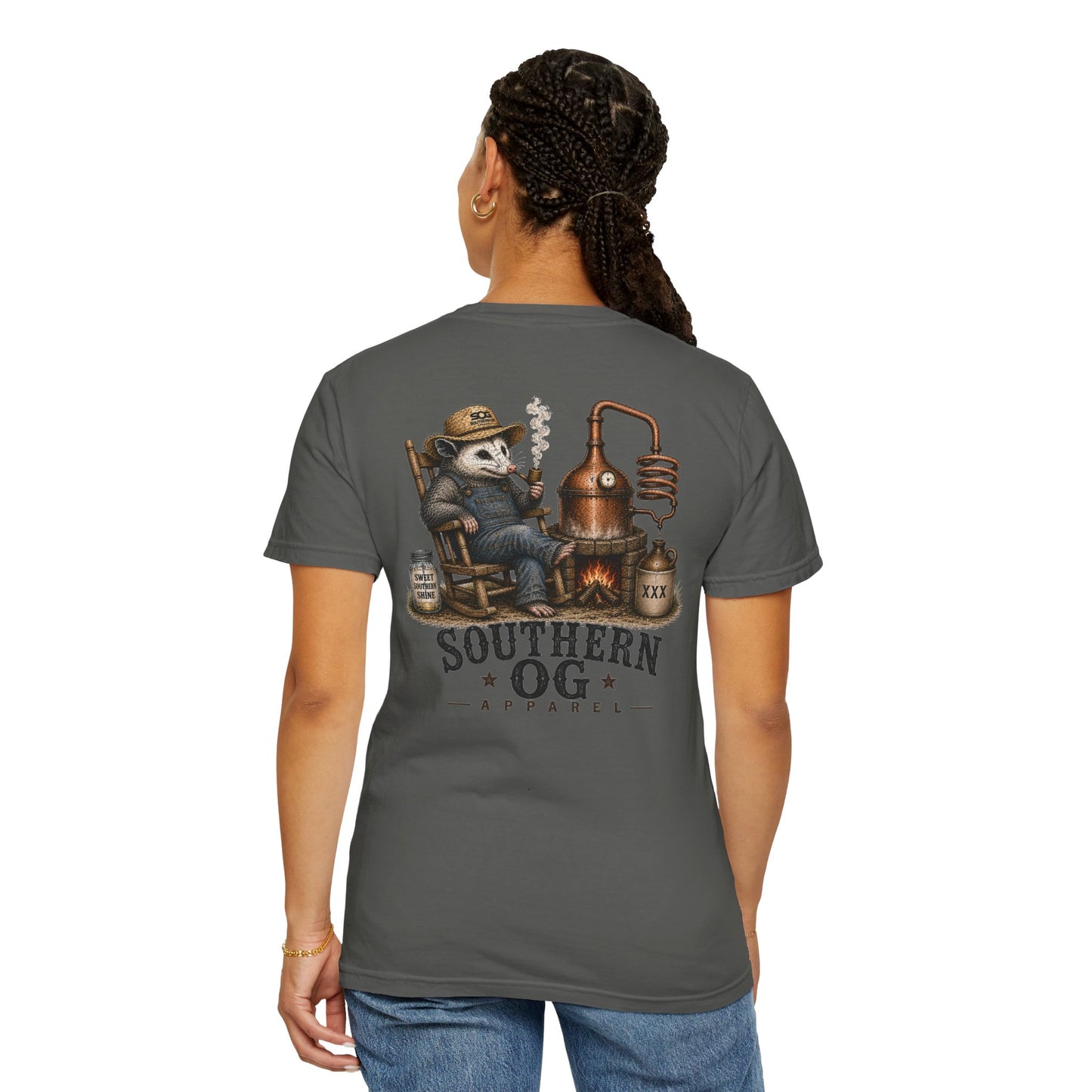 Southern OG Distillery T-Shirt — Moonshine Still Raccoon Graphic
