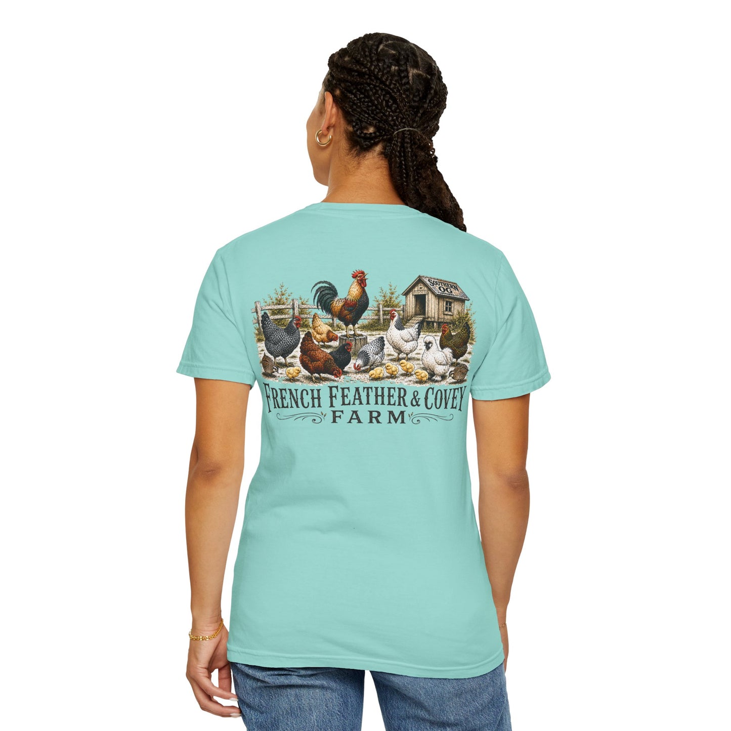 French Feather & Covey Farm T-Shirt — Vintage Farmhouse Chicken Tee