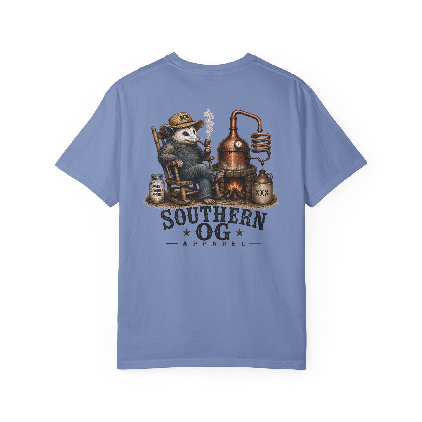 Southern OG Distillery T-Shirt — Moonshine Still Raccoon Graphic