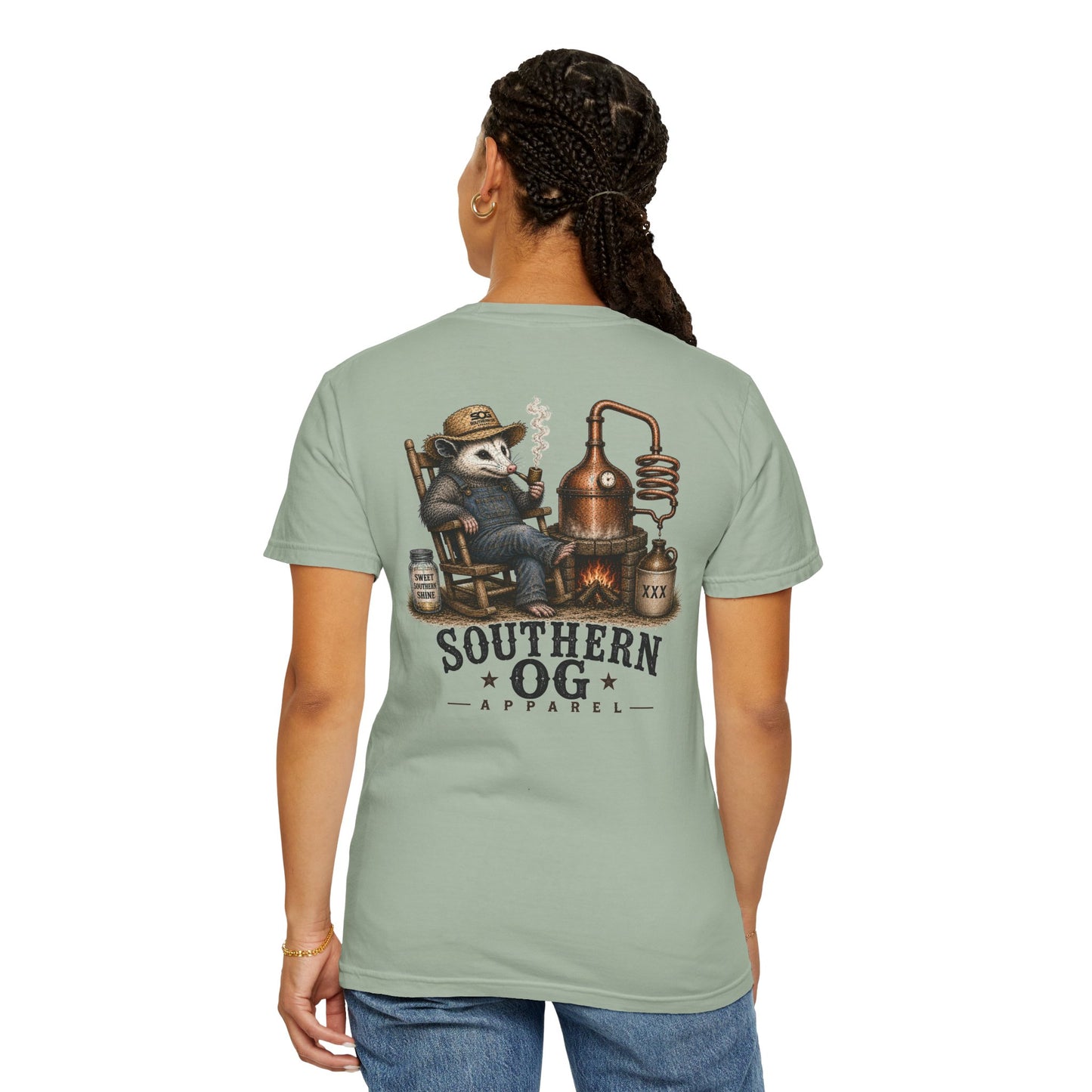 Southern OG Distillery T-Shirt — Moonshine Still Raccoon Graphic