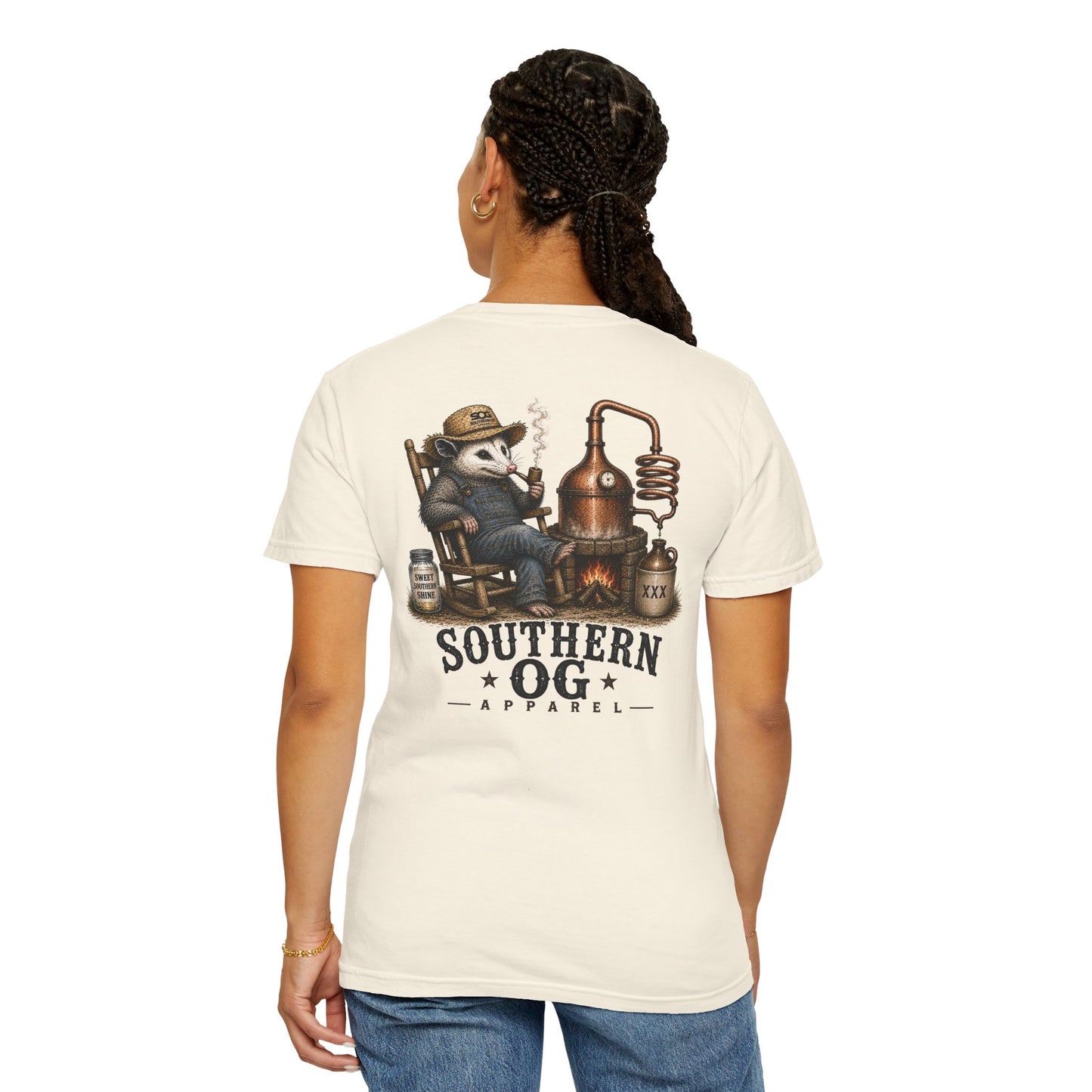 Southern OG Distillery T-Shirt — Moonshine Still Raccoon Graphic