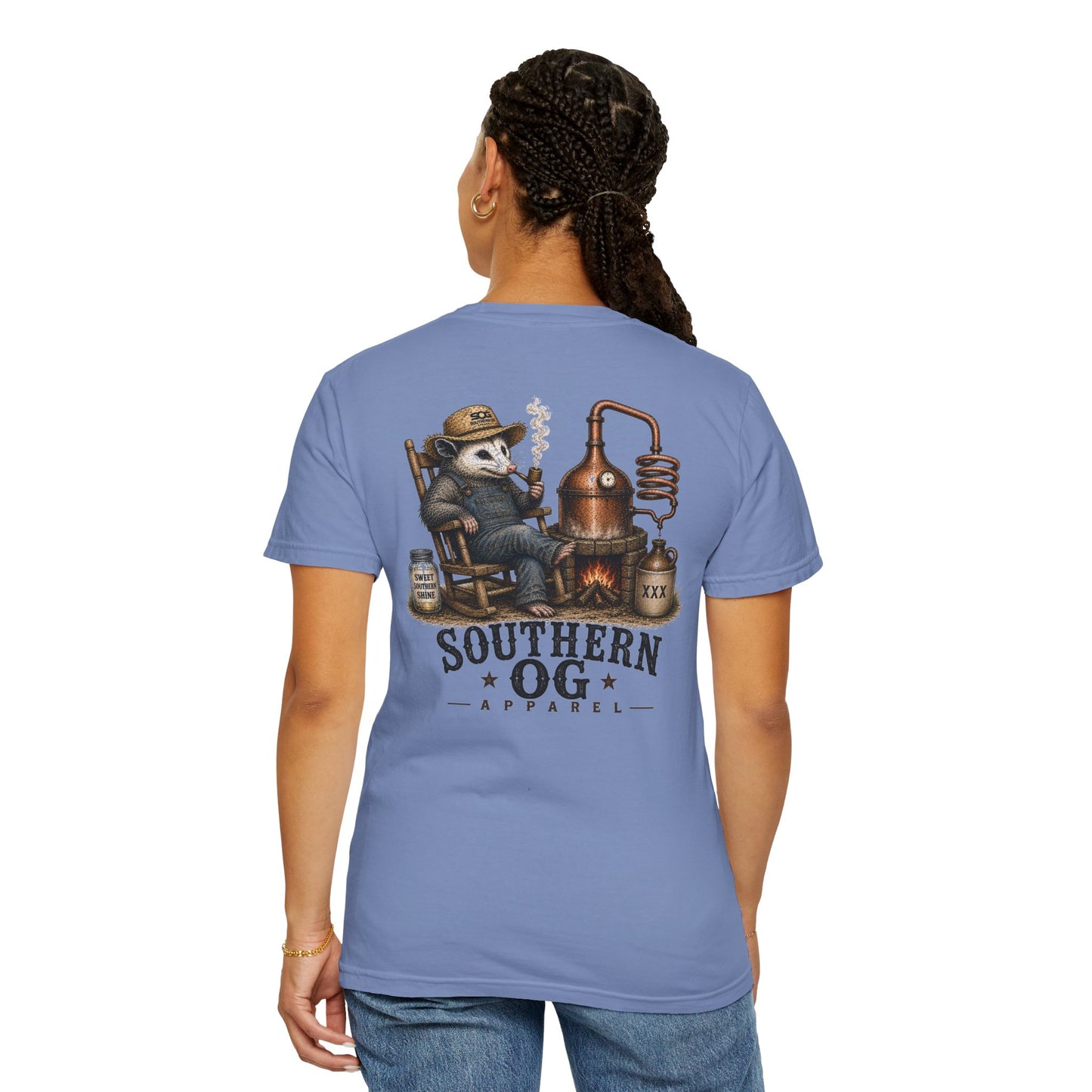 Southern OG Distillery T-Shirt — Moonshine Still Raccoon Graphic