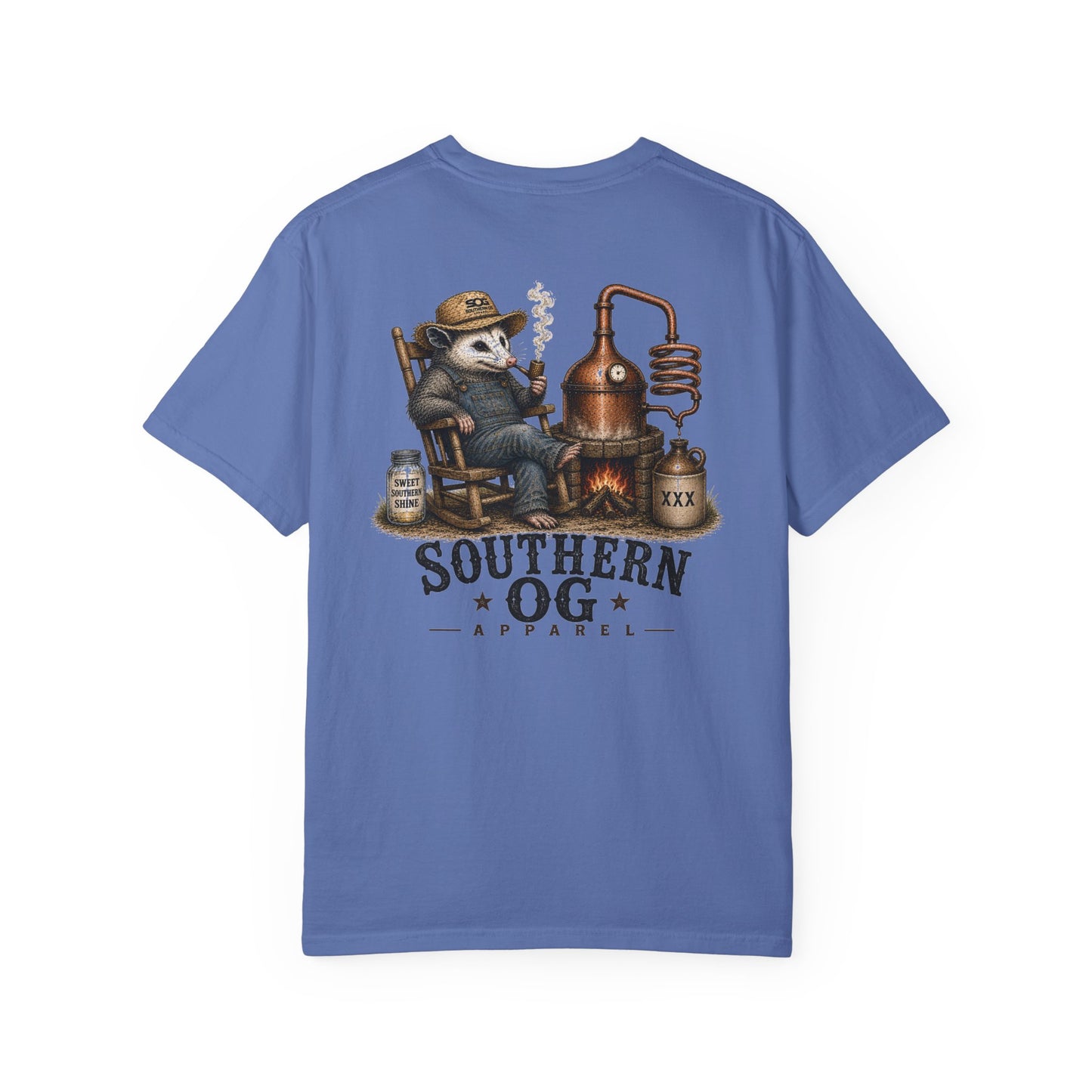 Southern OG Distillery T-Shirt — Moonshine Still Raccoon Graphic