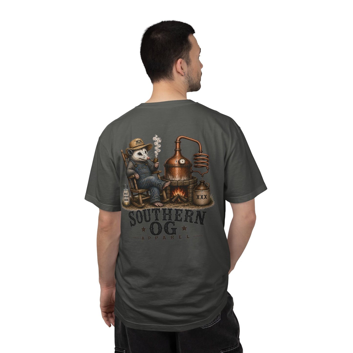 Southern OG Distillery T-Shirt — Moonshine Still Raccoon Graphic