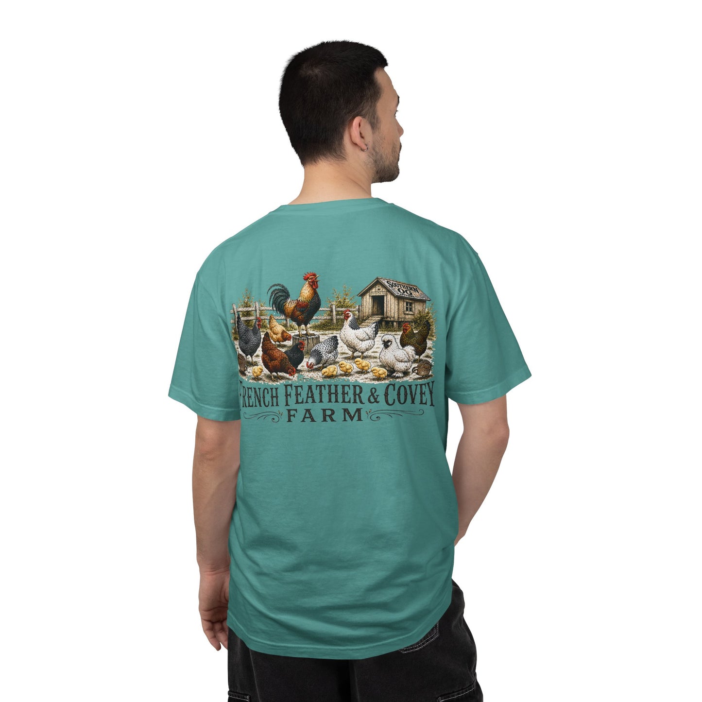 French Feather & Covey Farm T-Shirt — Vintage Farmhouse Chicken Tee