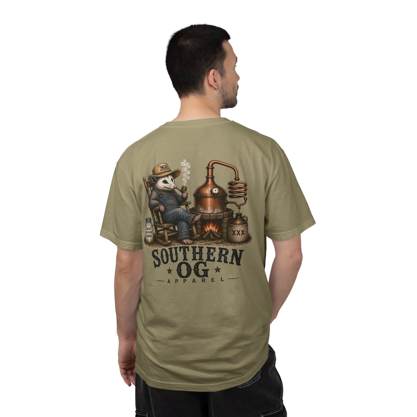 Southern OG Distillery T-Shirt — Moonshine Still Raccoon Graphic