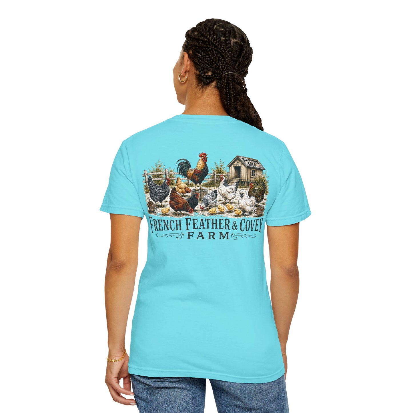 French Feather & Covey Farm T-Shirt — Vintage Farmhouse Chicken Tee