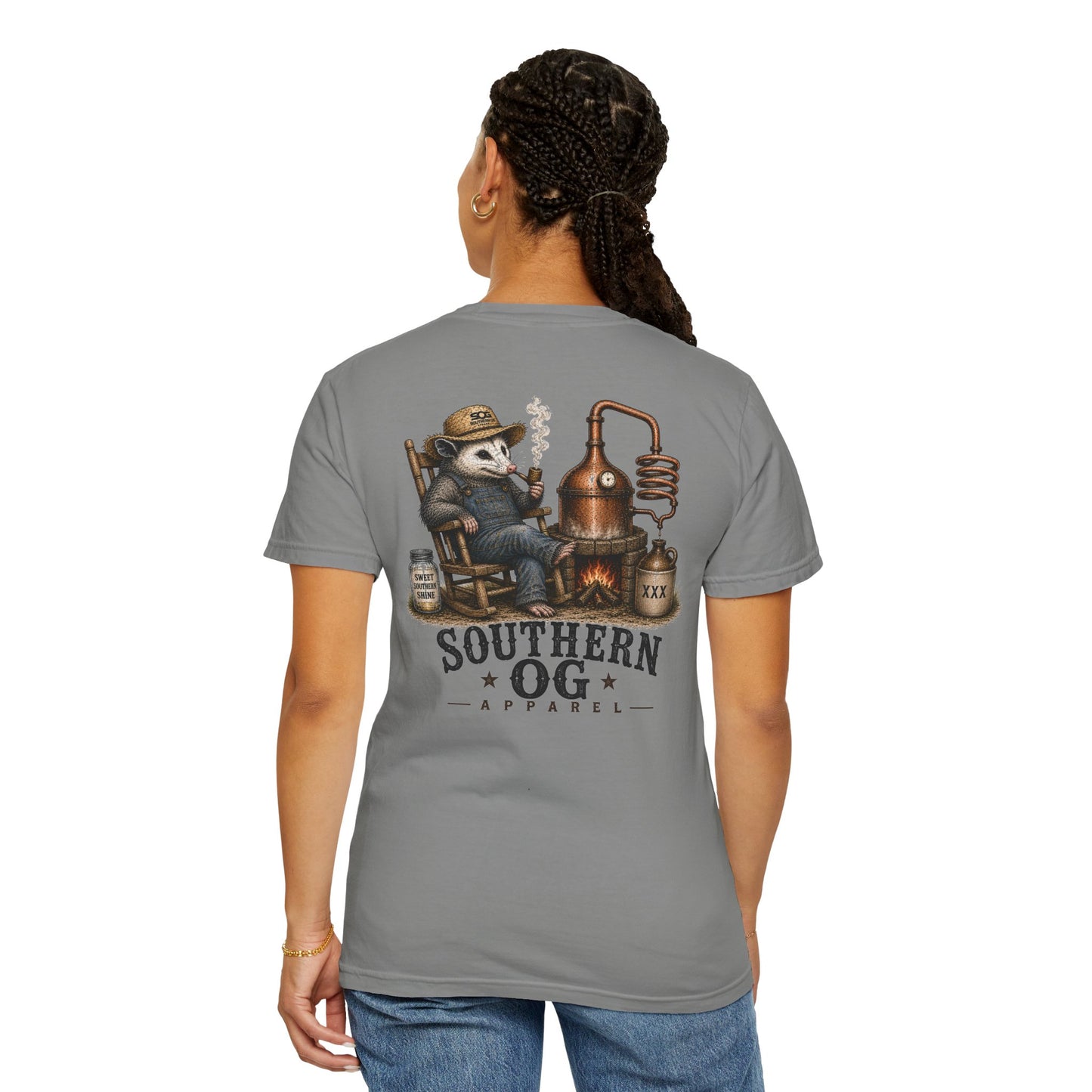 Southern OG Distillery T-Shirt — Moonshine Still Raccoon Graphic