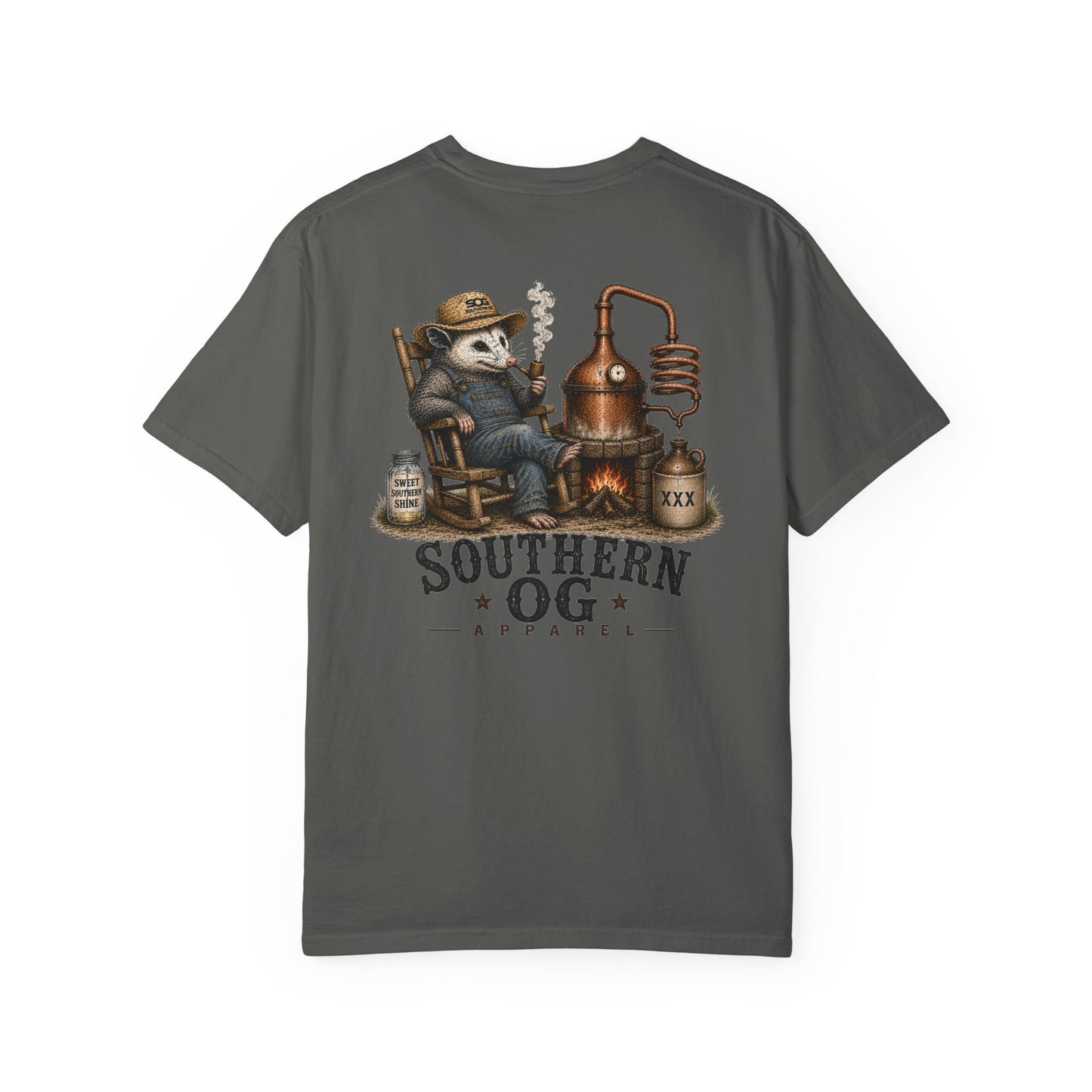 Southern OG Distillery T-Shirt — Moonshine Still Raccoon Graphic