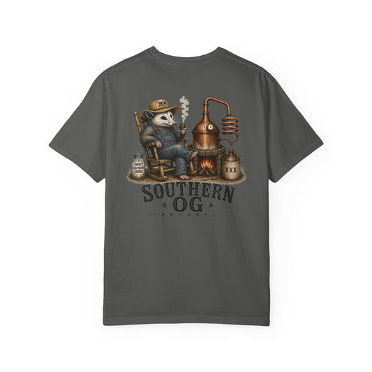 Southern OG Distillery T-Shirt — Moonshine Still Raccoon Graphic