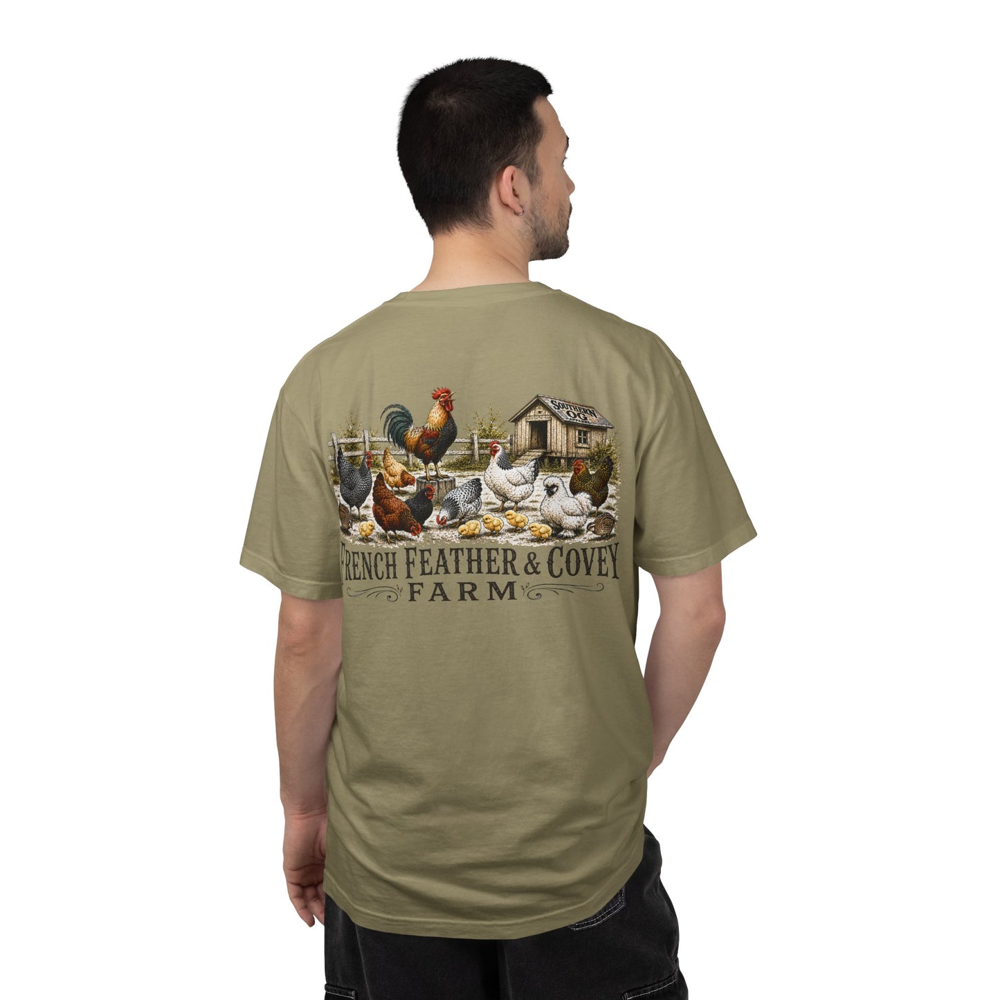 French Feather & Covey Farm T-Shirt — Vintage Farmhouse Chicken Tee