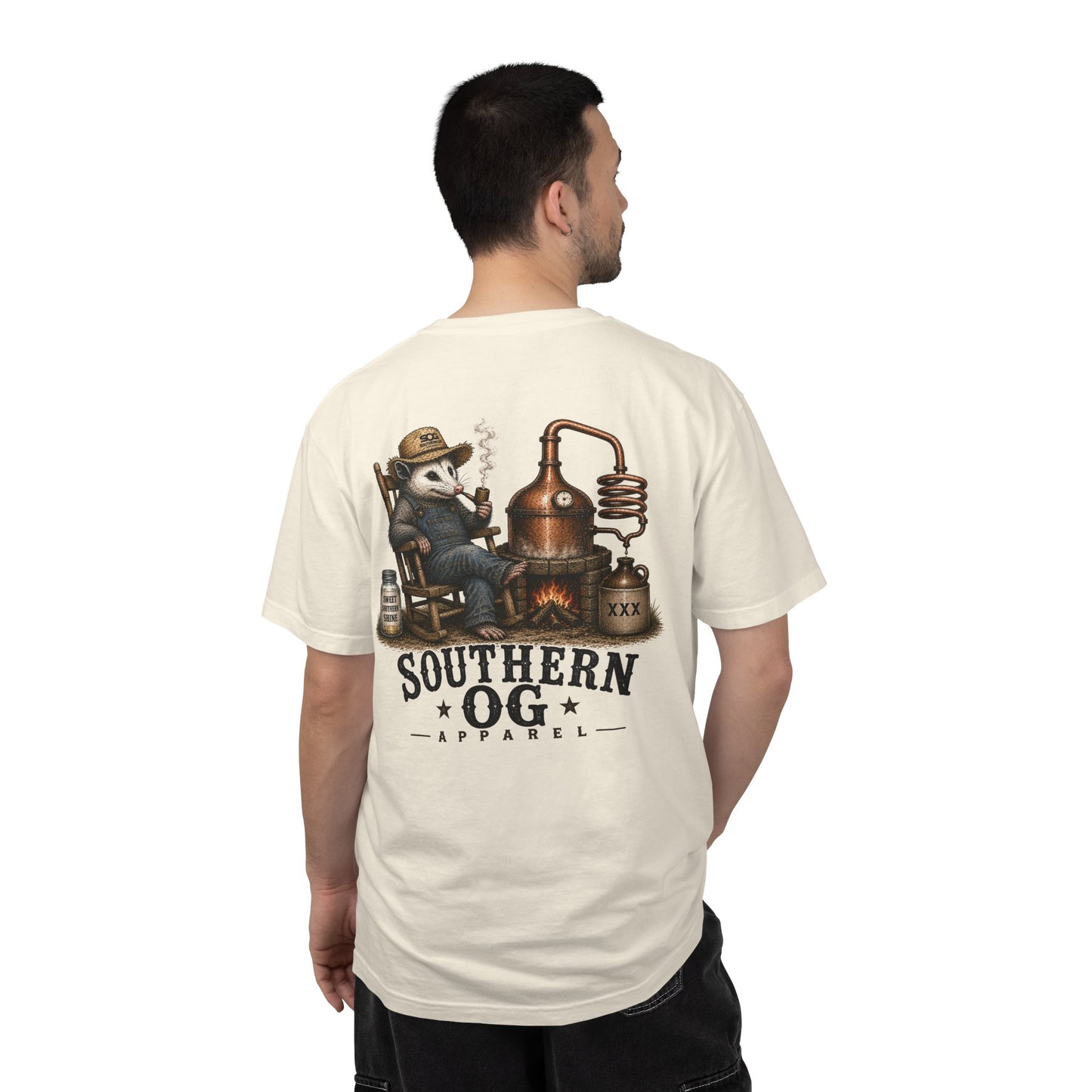 Southern OG Distillery T-Shirt — Moonshine Still Raccoon Graphic