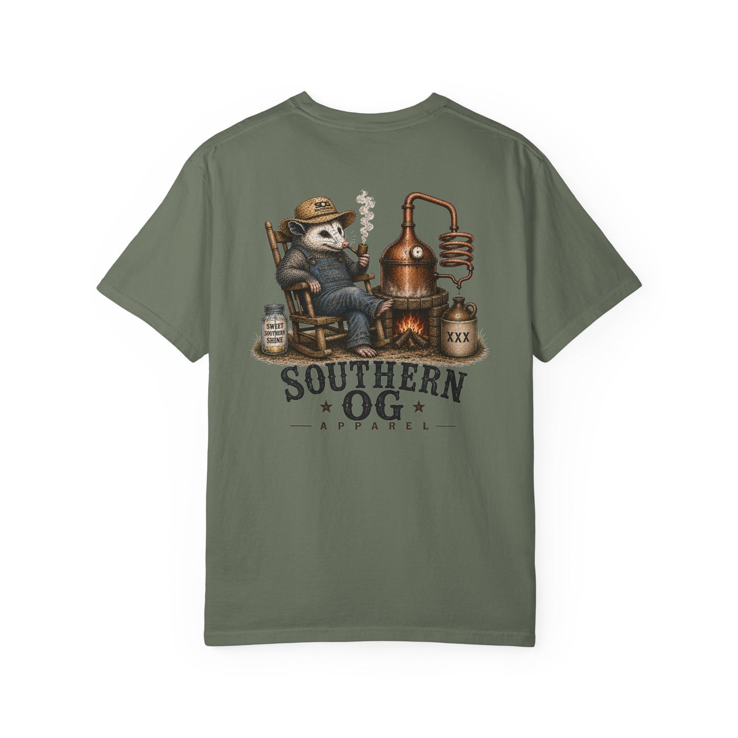 Southern OG Distillery T-Shirt — Moonshine Still Raccoon Graphic