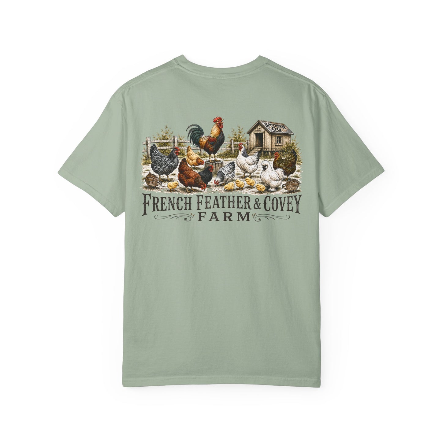 French Feather & Covey Farm T-Shirt — Vintage Farmhouse Chicken Tee