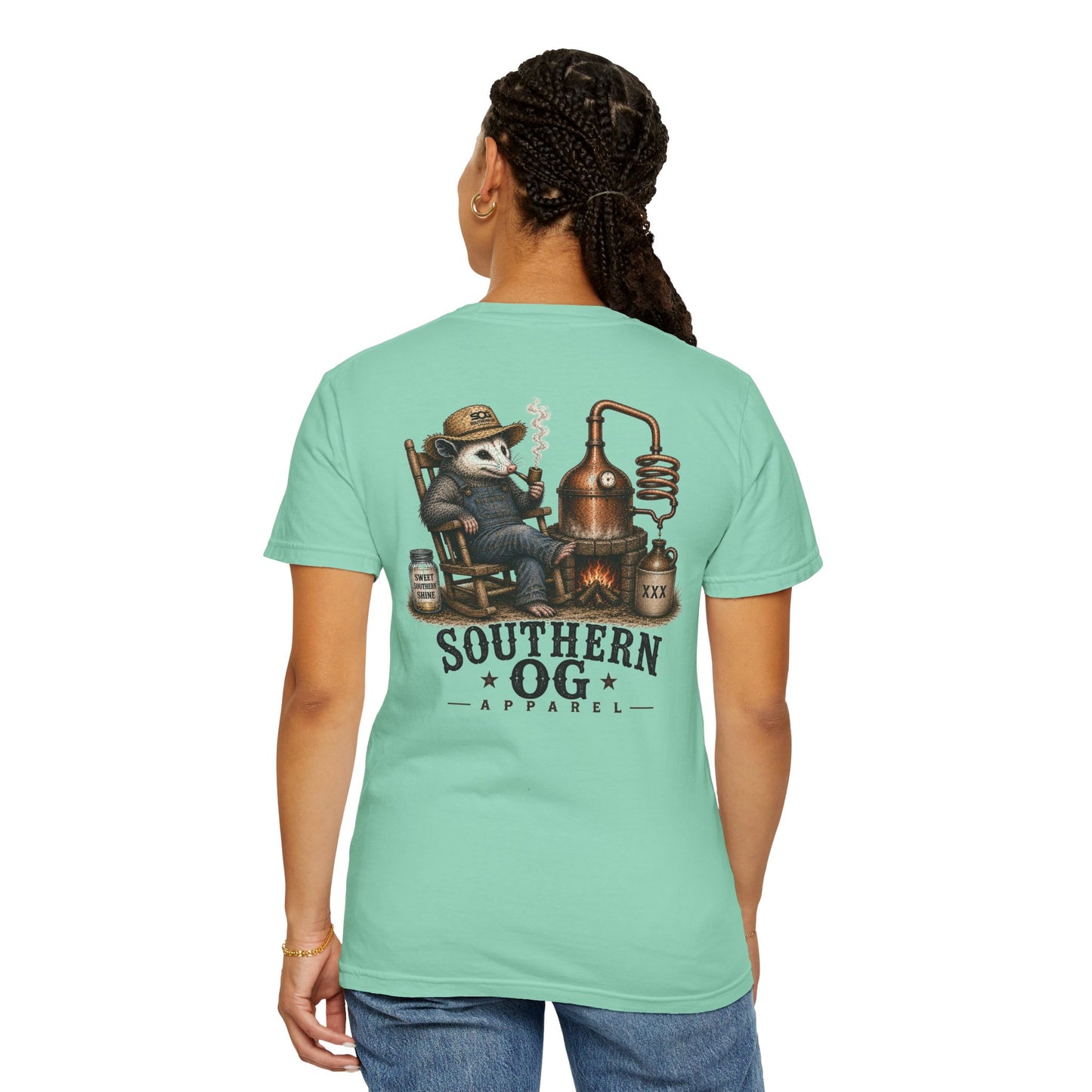 Southern OG Distillery T-Shirt — Moonshine Still Raccoon Graphic