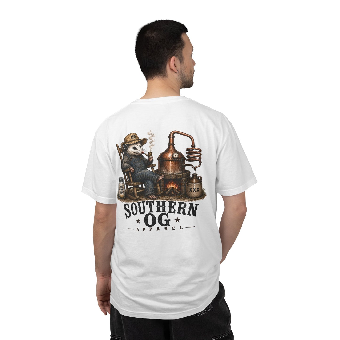 Southern OG Distillery T-Shirt — Moonshine Still Raccoon Graphic