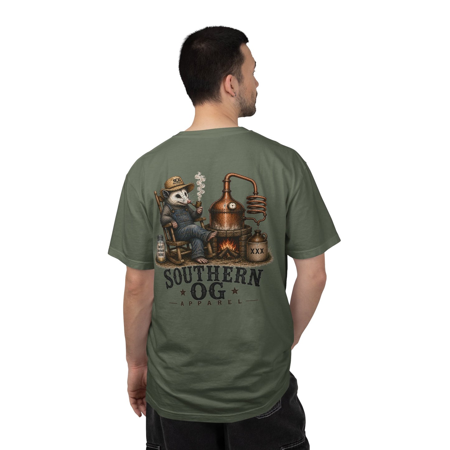 Southern OG Distillery T-Shirt — Moonshine Still Raccoon Graphic
