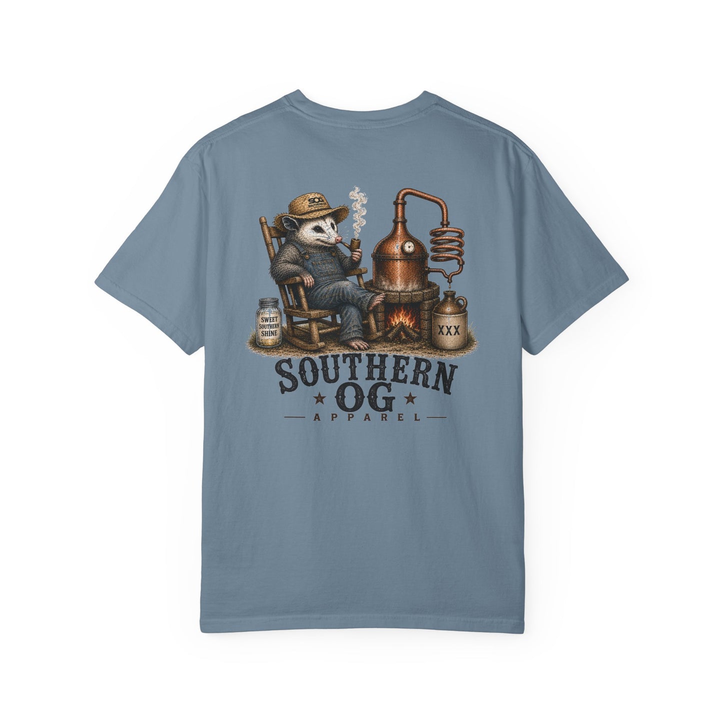Southern OG Distillery T-Shirt — Moonshine Still Raccoon Graphic