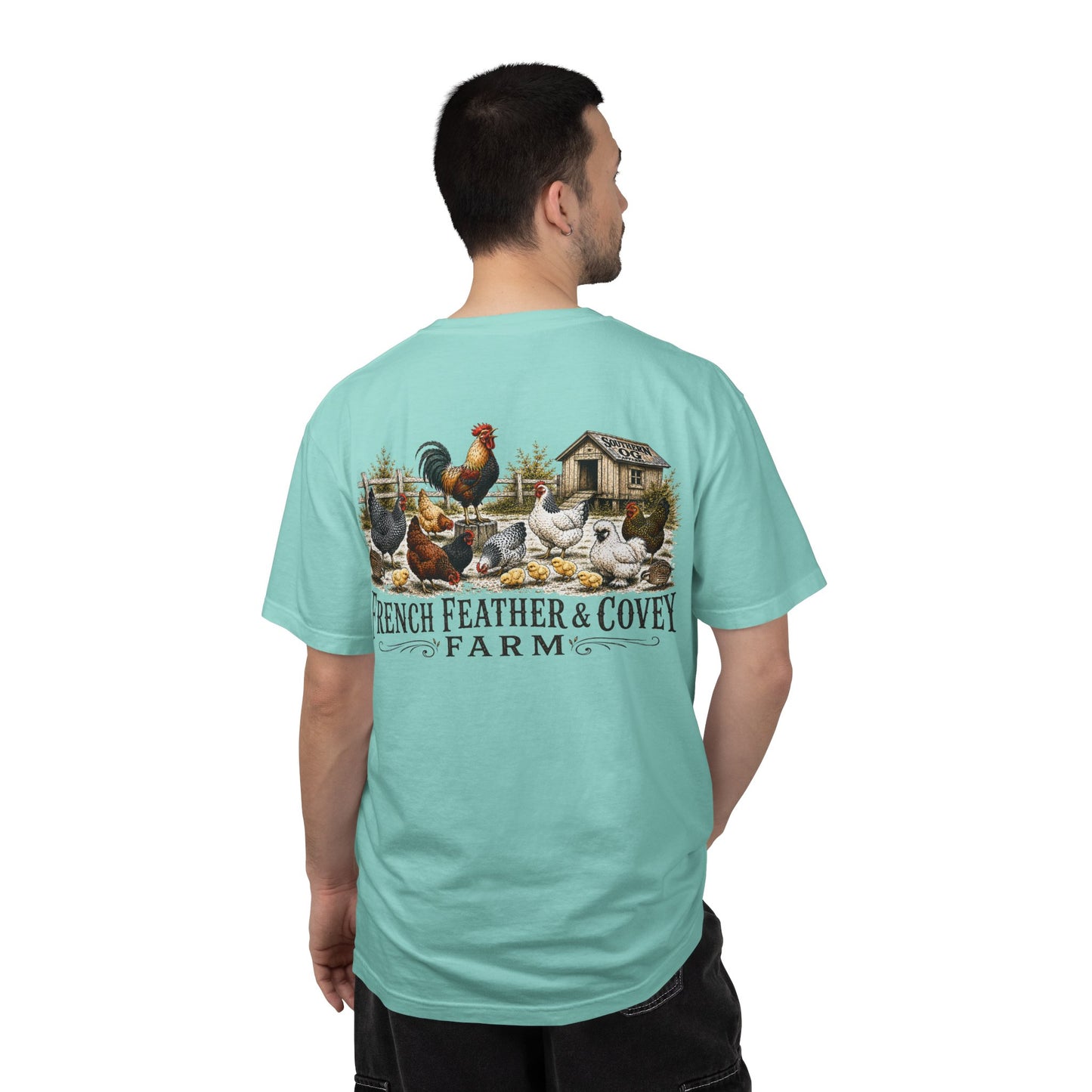 French Feather & Covey Farm T-Shirt — Vintage Farmhouse Chicken Tee