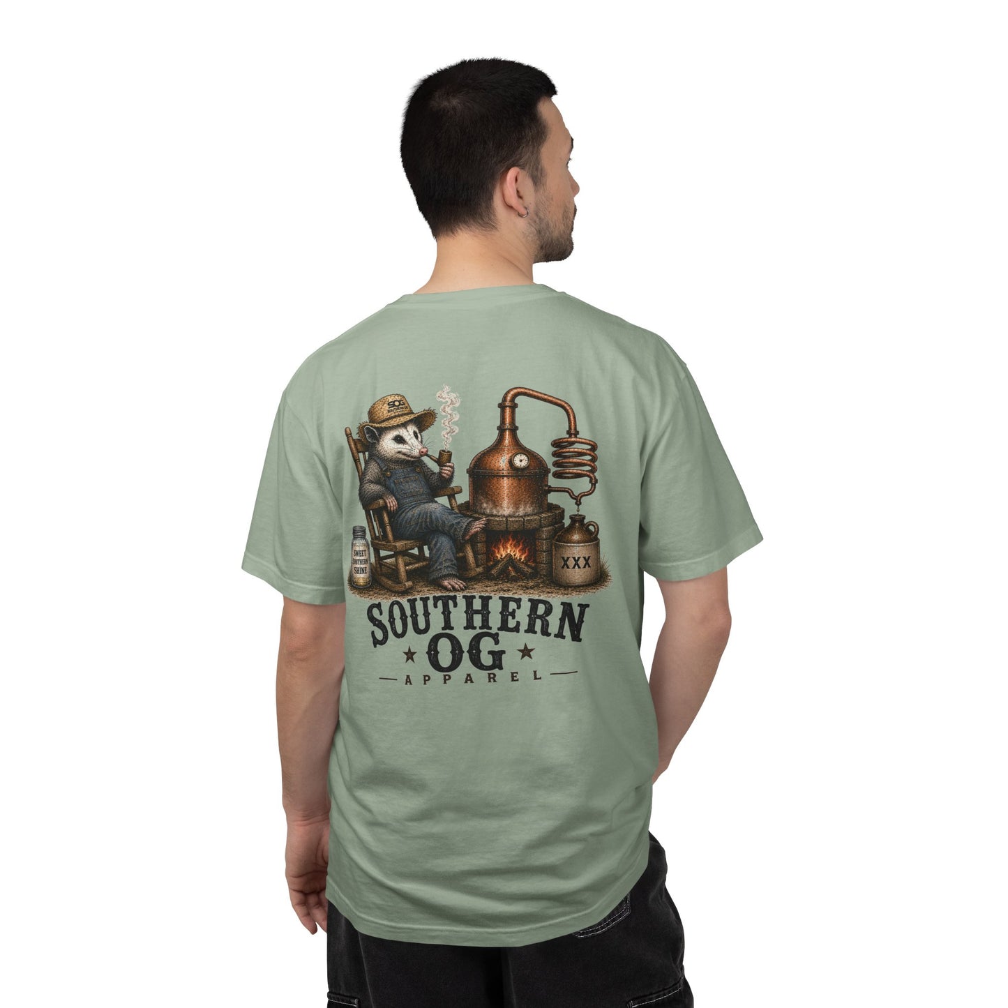 Southern OG Distillery T-Shirt — Moonshine Still Raccoon Graphic